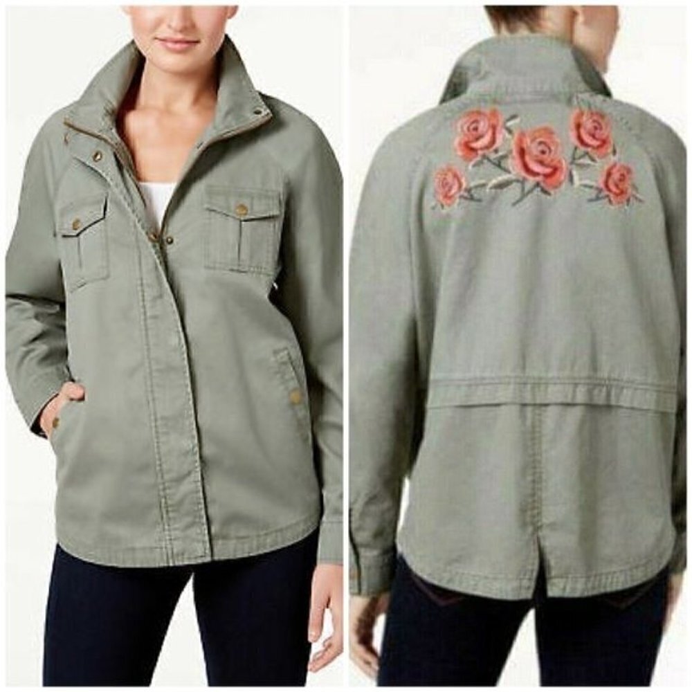 Style & Co Embroidered Roses Floral Back Utility Jacket Green Shacket Sz S